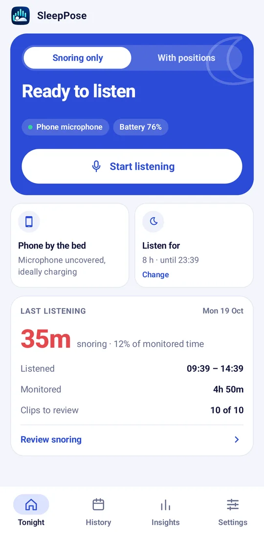 Snoring only mode: ready to listen, with the phone by the bed