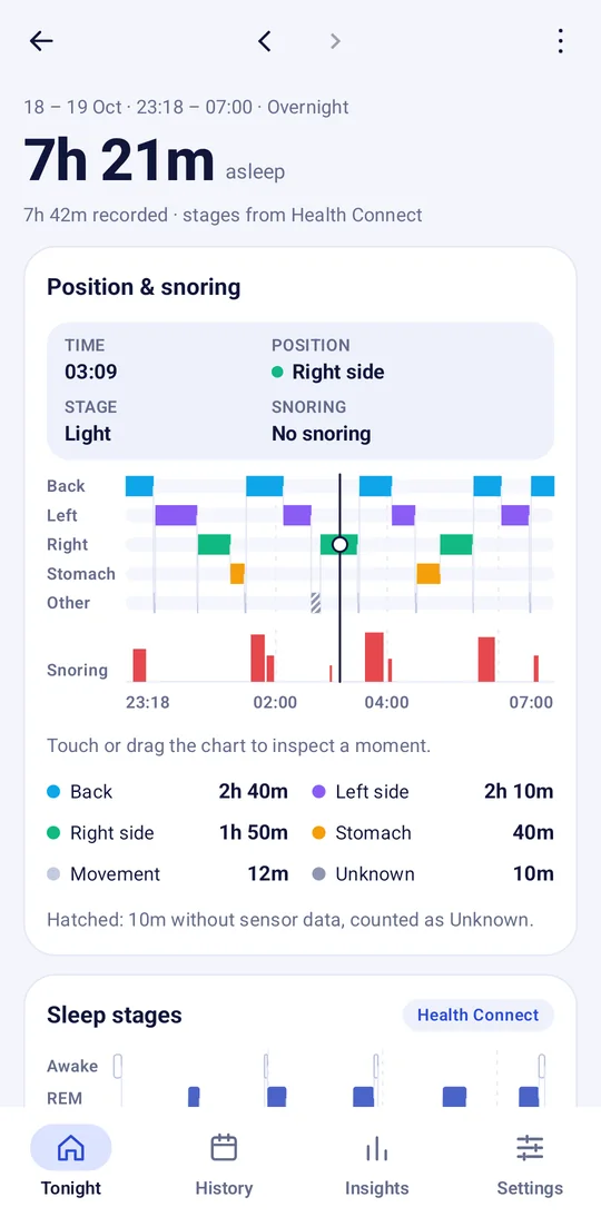A night in SleepPose: positions in rows, snoring bars below, and an inspect panel showing time, position, sleep stage and snoring